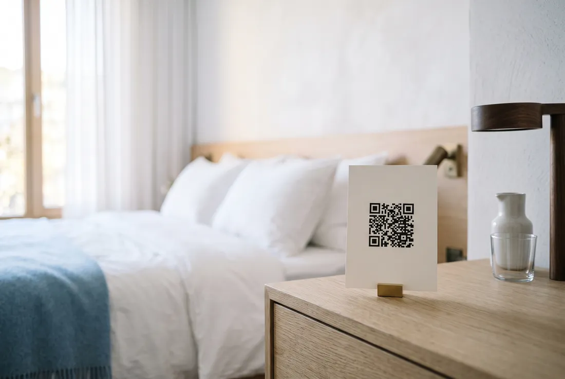 Card cu cod QR pe noptiera dintr-o cameră de hotel luminoasă
